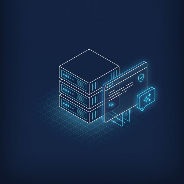 Illustration: Server-Rack mit KI-Sprechblase