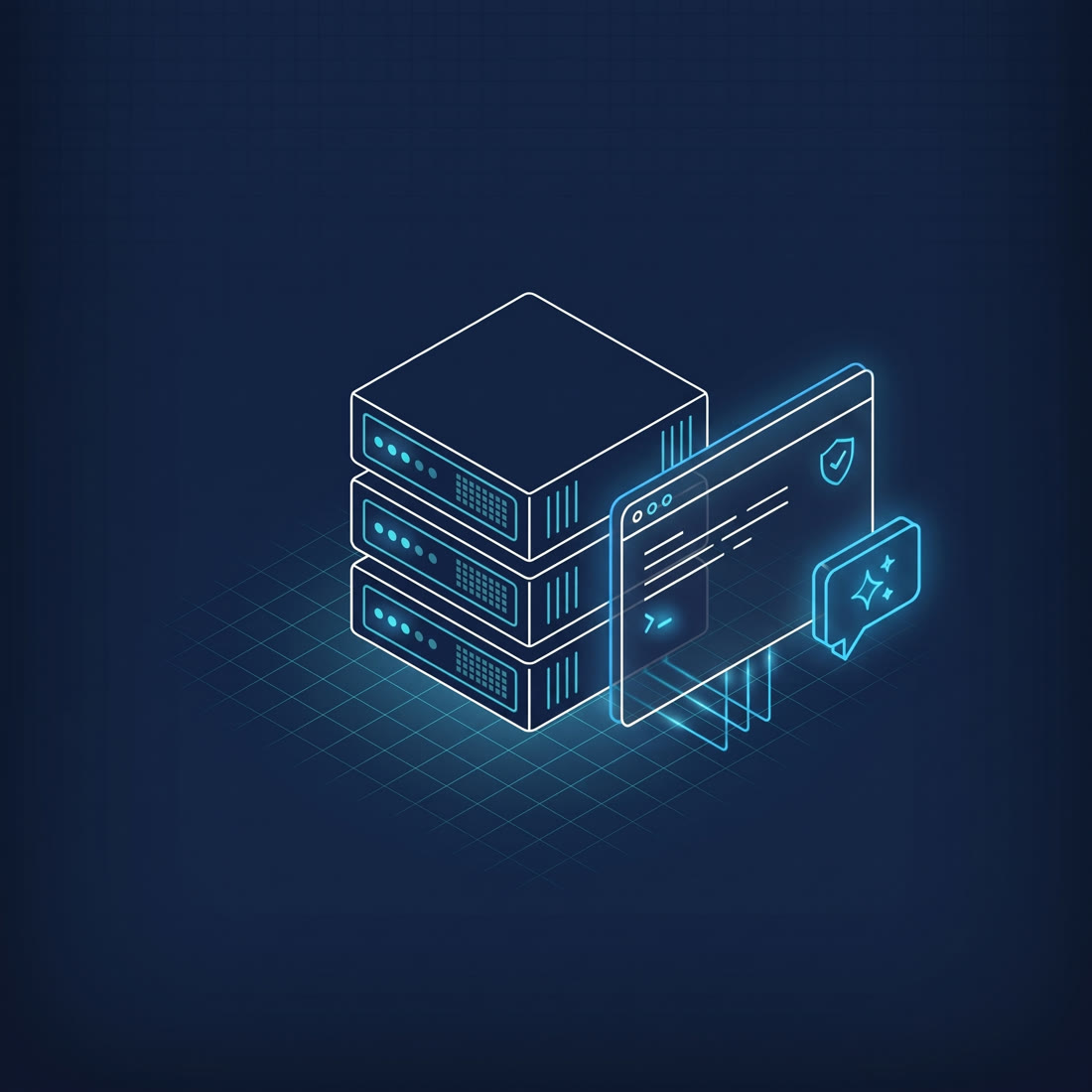 Illustration: Server-Rack mit Terminal-Fenster und KI-Sprechblase