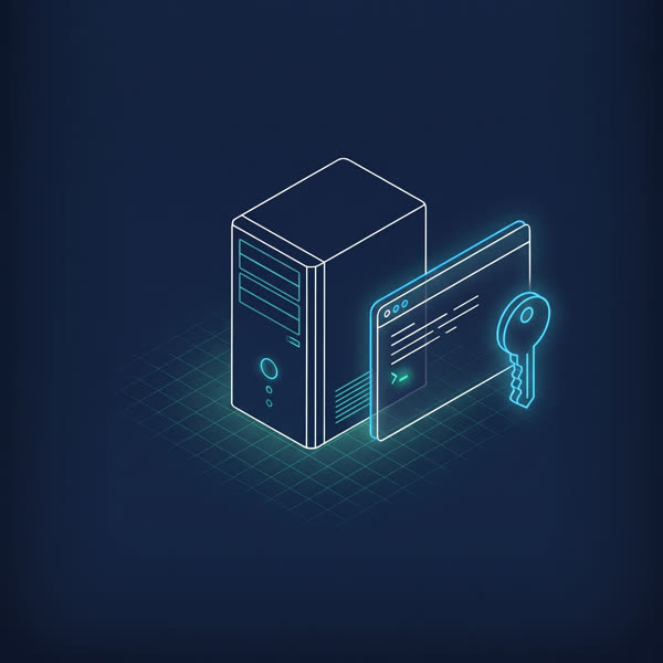 Illustration: Server mit Terminal-Fenster und Schlüssel